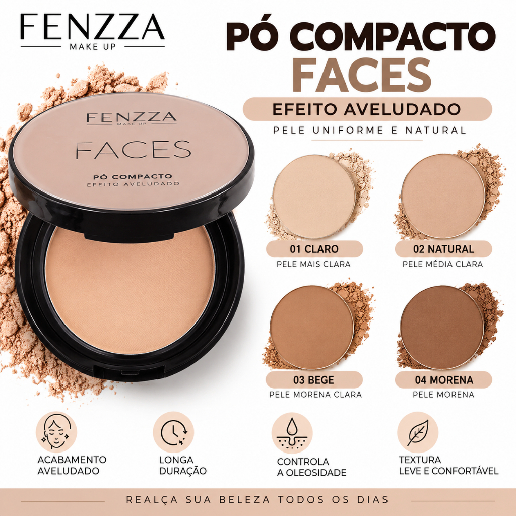 Pó Compacto Faces Fenzza com Textura Aveludada para Acabamento Impecável