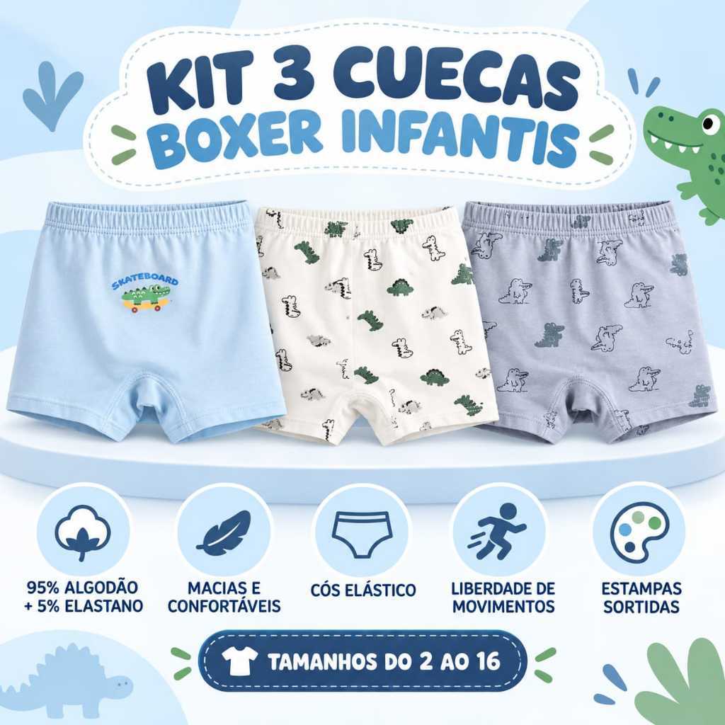 Kit 3 Cuecas Boxer Infantil Menino 95% Algodão com Elastano Estampas Sortidas do 4-5 anos