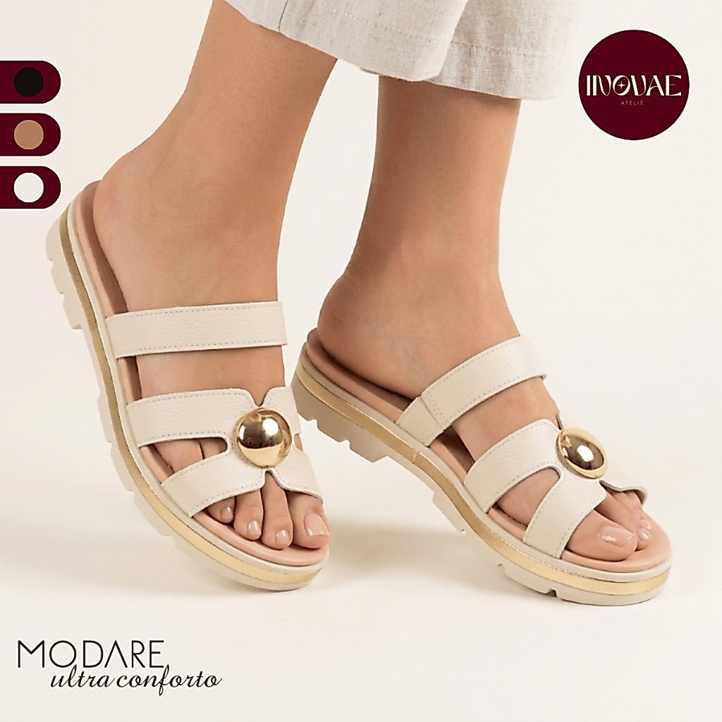 Sandália Feminina Modare Confortável Casual Ortopédica Detalhe Metálico Solado Tratorado Original