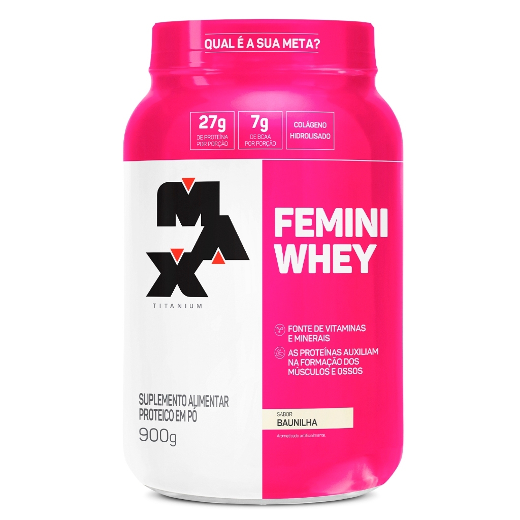 Embalagem do Whey Protein Femini 900g Max Titanium Whey Feminino com Colágeno