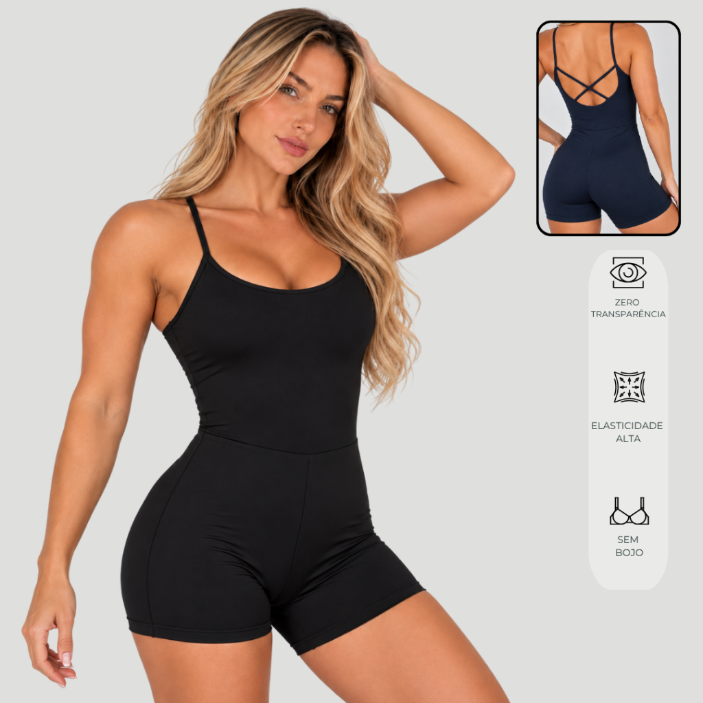 Macaquinho Fitness Academia Alças Finas Macacão Feminino Curto Confortável Zero Transparência