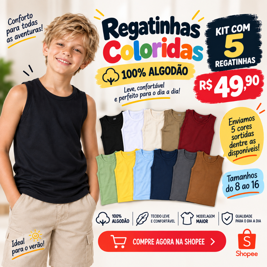 Kit 5 Regatas Infantis Básicas Masculinas 100% Algodão Lisas Coloridas Sortidas – Leves e Confortáveis Oferta