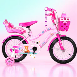 Bicicleta Infantil Menina 3-7 Anos Aro 16 Princesa com LED + Cestinha + Cadeirinha + Garrafinha + Miçangas até 45kg