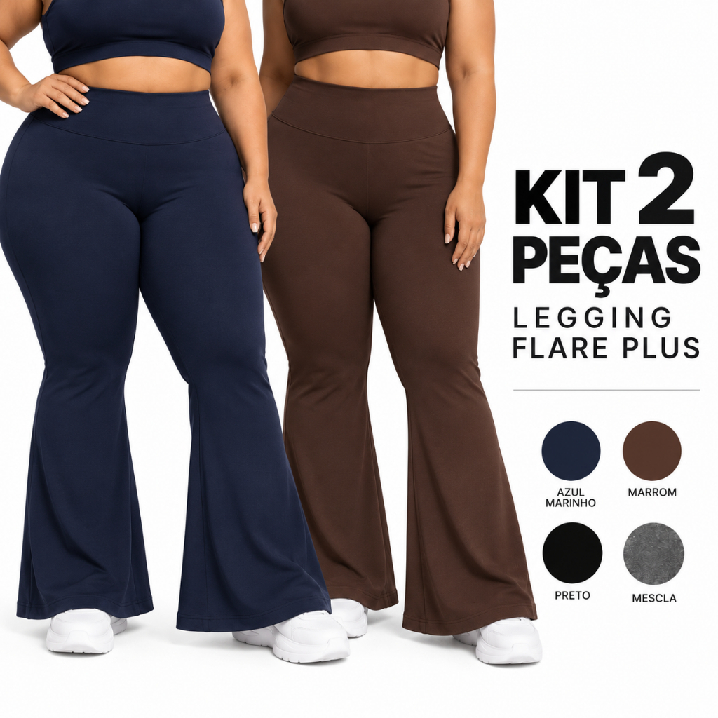 Kit 2 Leggings Flare Plus Size Feminina Suplex Cós Alto Não Transparente Academia Fitness Alta Compressão G1 AO G3