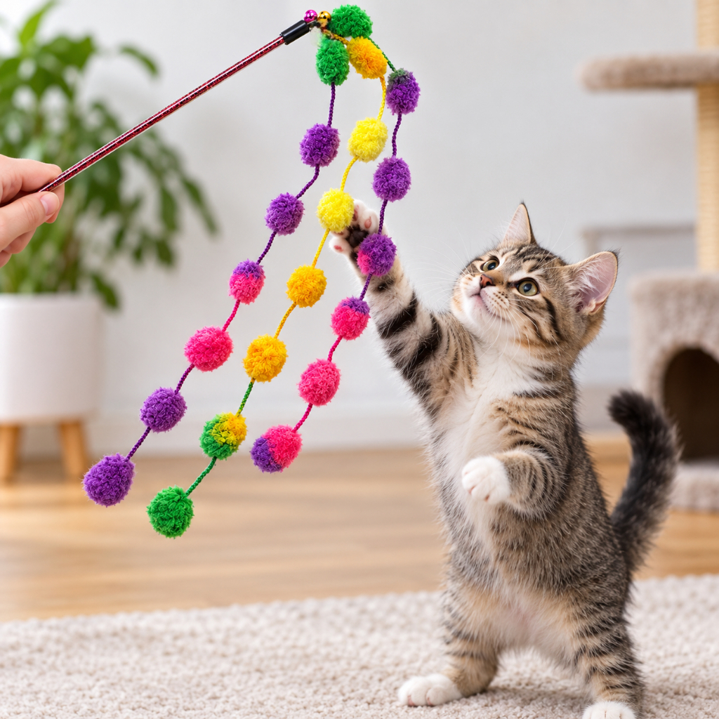 Varinha para Gatos Trio Pom 52cm com 3 Cordões Pompons e 2 Guizos