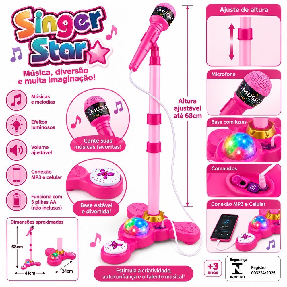 Microfone Infantil Com Pedestal e Luzes  Karaoke Rosa Musica Luzes Conexao com Celular MP3 Estimula a Criatividade