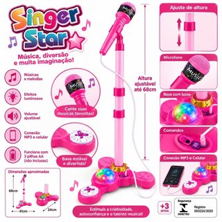 Microfone Infantil Com Pedestal e Luzes  Karaoke Rosa Musica Luzes Conexao com Celular MP3 Estimula a Criatividade