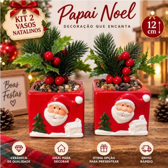 Enfeite Natal 2 Vasos Papai Noel 12cm com Flores Premium Lindos Natalinos Envio Imediato
