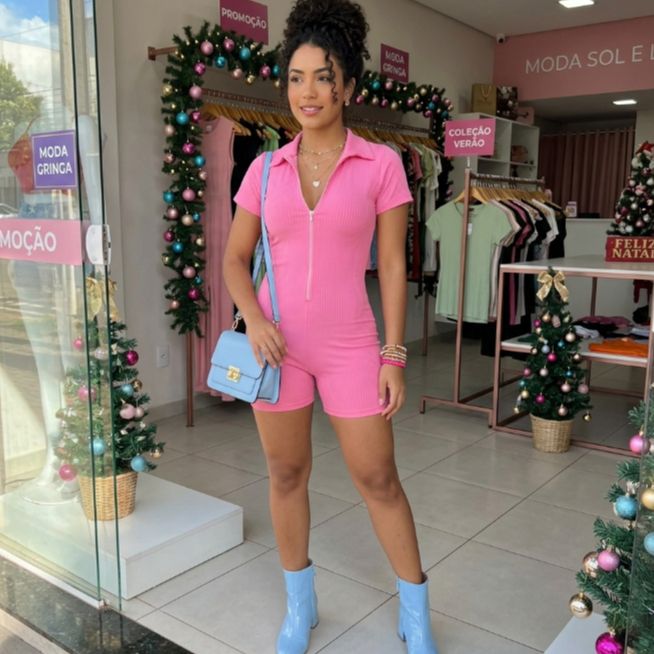 Macaquinho Diva Manga Curto Canelado Zíper, Moda Verão Premium Feminina P M G GG G1 PLUZ SISE