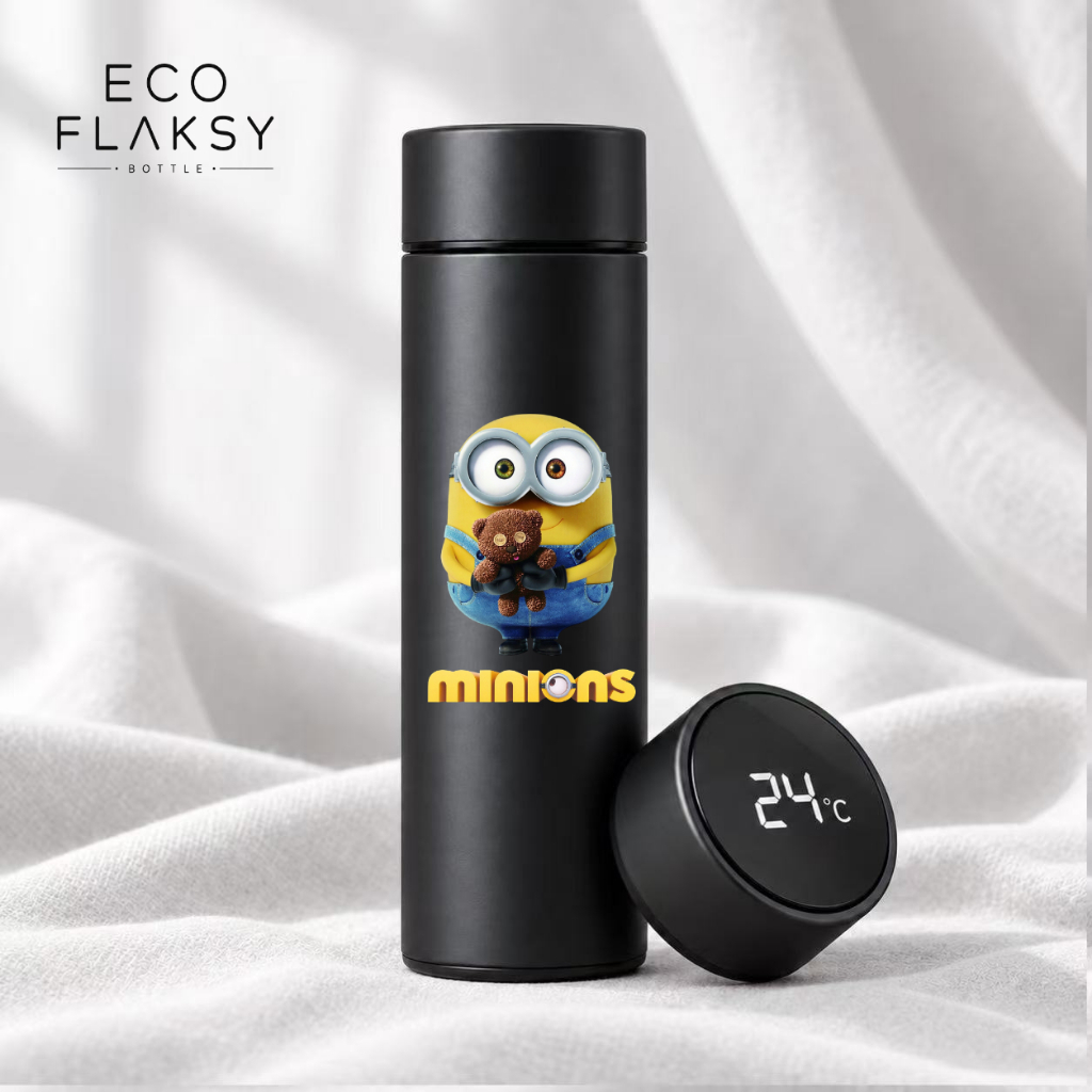 Garrafa Térmica de Água Infantil de Aço Inoxidável Minions Bod com Termometro LED Digital Estampada 500ml