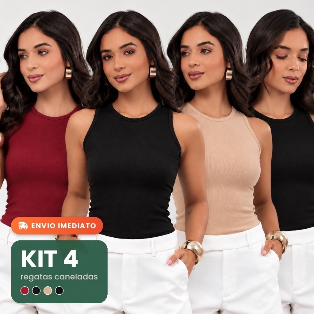 Kit 4 Blusas Feminina Regata Ribana Canelado Básica Casual Estilosa Tendência Justa Sem Manga Decote Redondo Caneladinho