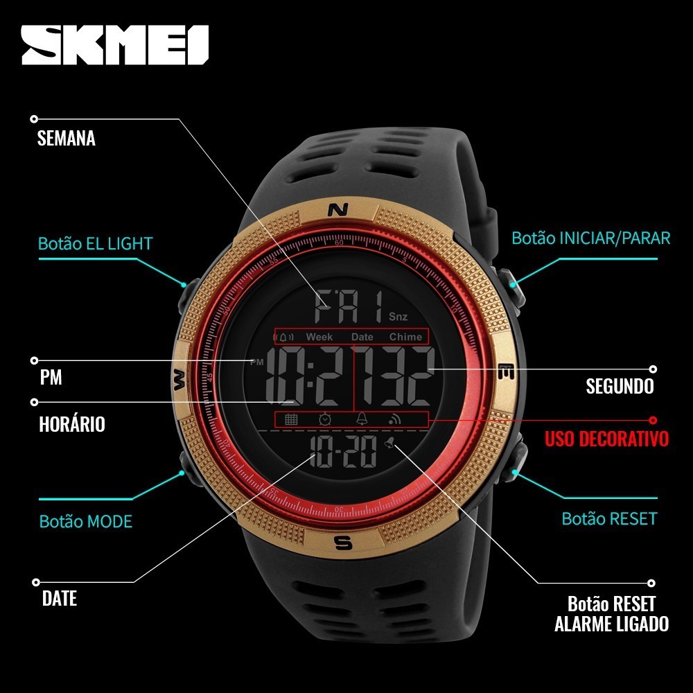 SKMEI 1251 Relógio esportivo digital masculino com visor LED grande e design à prova d'água — imagem 2 de 2