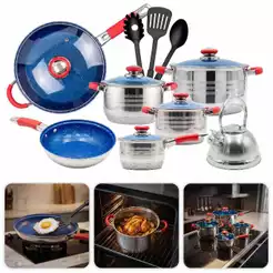 Jogo de Panelas 16 Peças Aço Inoxidável Genebra + Chaleira Utensílios Tampas de Vidro Cozinha Indução Forno
