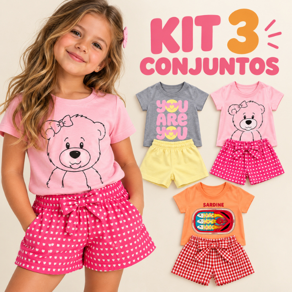 Kit 3 Conjuntos Sortidos Menina Estampados Verão Menina Confortável Para o Dia a Dia Passeio Escola