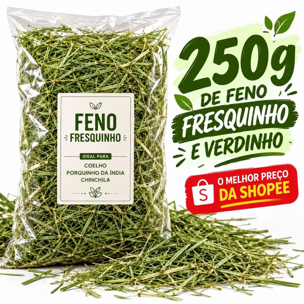 Feno 250g Premium Para Roedores e Coelhos - Saúde Dental, Digestão Saudável, Anti-Estresse