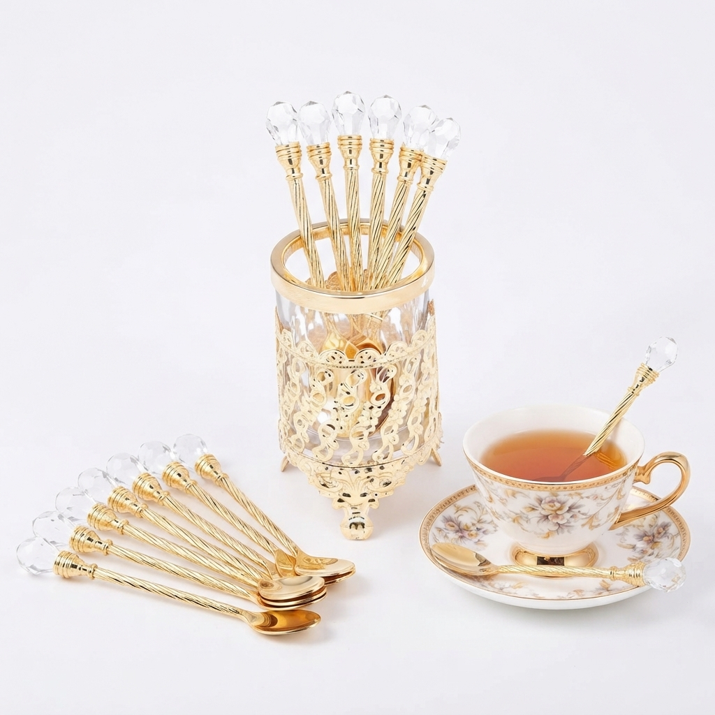 6 Colheres com Suporte Wolff de Zamac Dourada 14cm Elegante Luxo Colheres para Chá Café Sobremesa e Mesa Posta Qualidade