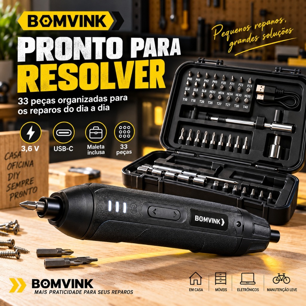 Parafusadeira Eletrica Sem Fio USB-C Bateria 2000mAh 3.6V com Maleta e 30 Bits