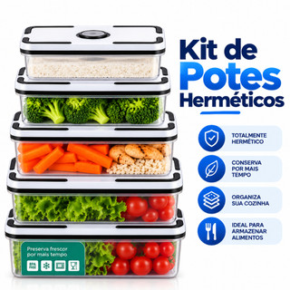 Kit 5 Potes Herméticos Com Tampas De Vedação Para Frezzer E Micro-ondas Retangular Pote Transparente