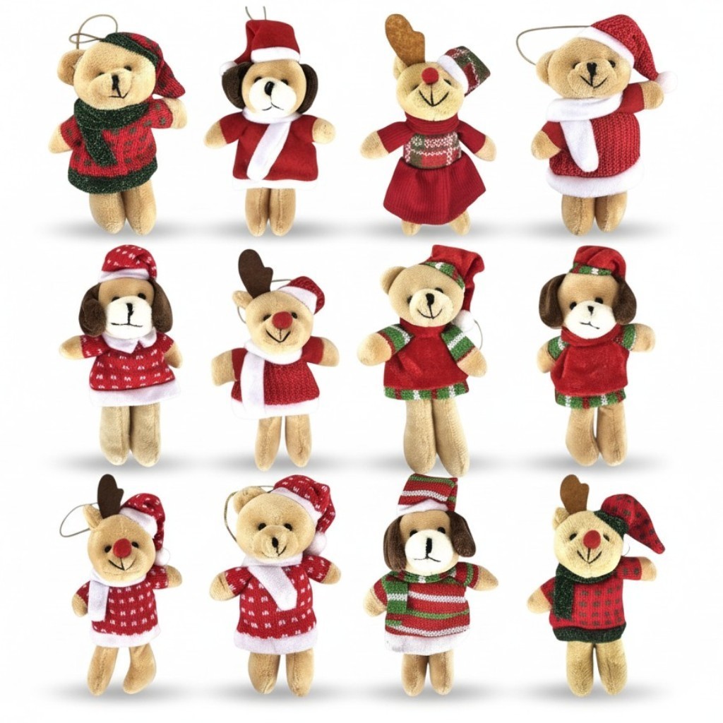 Kit 12 Ursinhos, Cachorrinhos ou Renas Roupa Natal Pelúcia Natalina Enfeite Árvore
