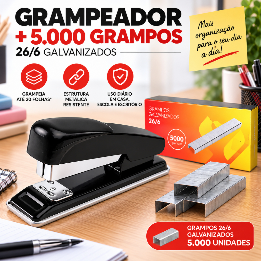 Grampeador metal + 5.000 grampos 26/6 Galvanizados Escritório Escolar
