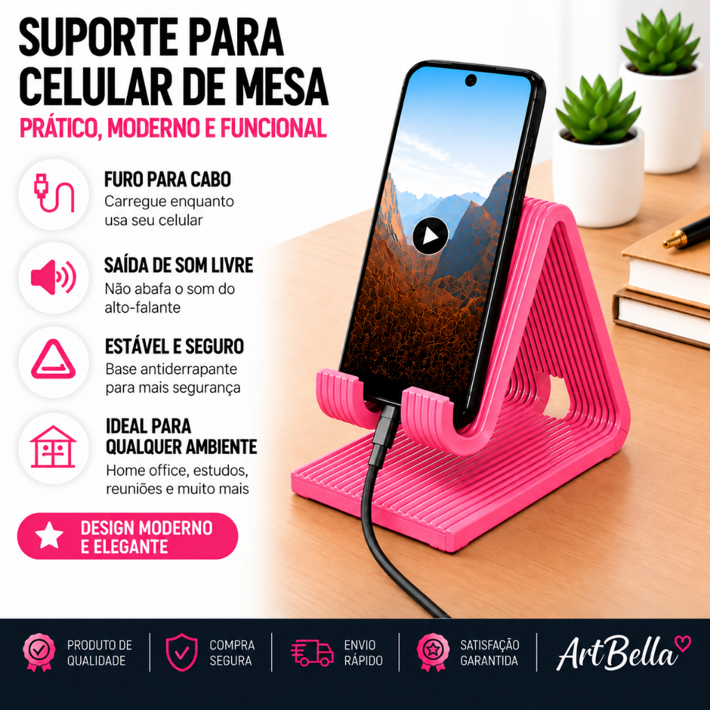 Suporte Celular Universal de Mesa com Passagem para Cabo - Escritório, Estudos e Home Office