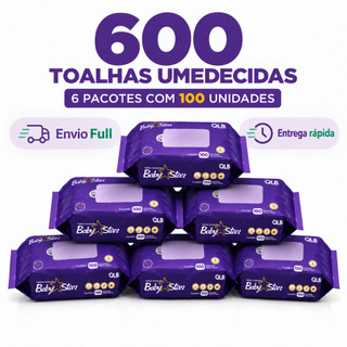 Caixa com 6 Lenços/Toalhas Umedecidas Baby Star Roxa c/ 100 Unidades Cada – Sem Tampa FlipTop