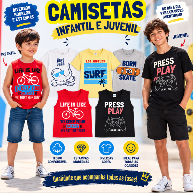 Kit 5 Camisetas e Regatas Masculinas Infantis Sortidas Estilo e Diversão para Todas as Ocasiões