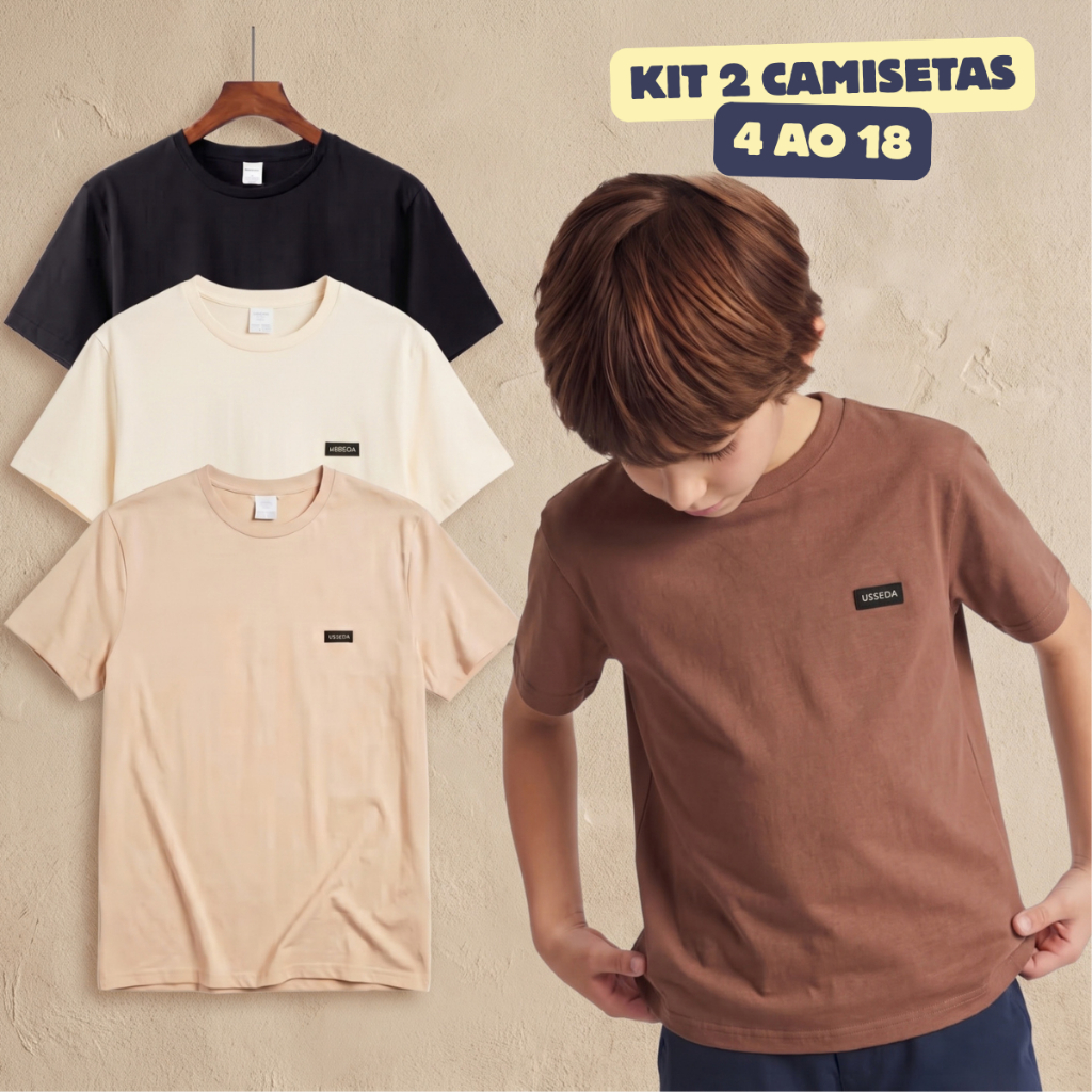 Kit 2 Camiseta Juvenil Masculino Manga Curta 100% Algodão Infantil Adolescente Menino Básica Lisa Verão