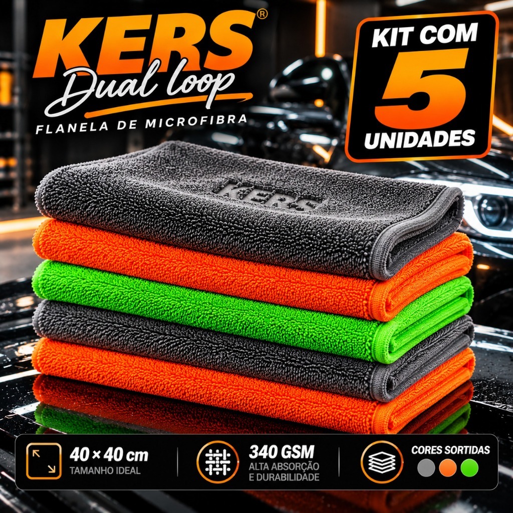 Kit 5 Flanelas de Microfibra 40x40cm 360gsm Dual Loop Kers