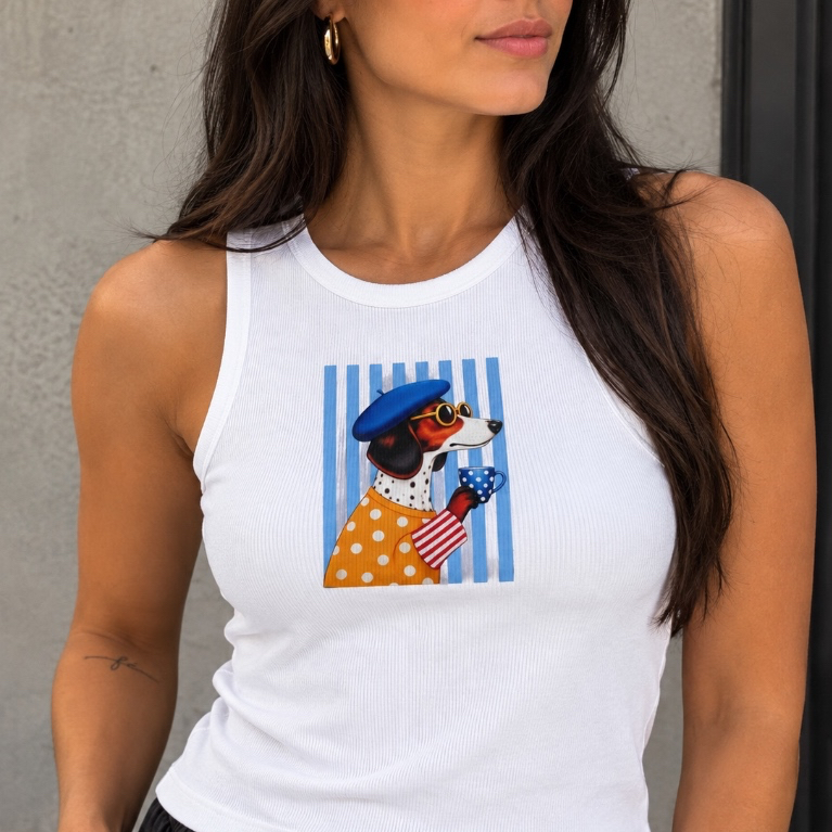 Regata Feminina Canelada Ribana Branca Estampa Praia Verão Casual Conchas