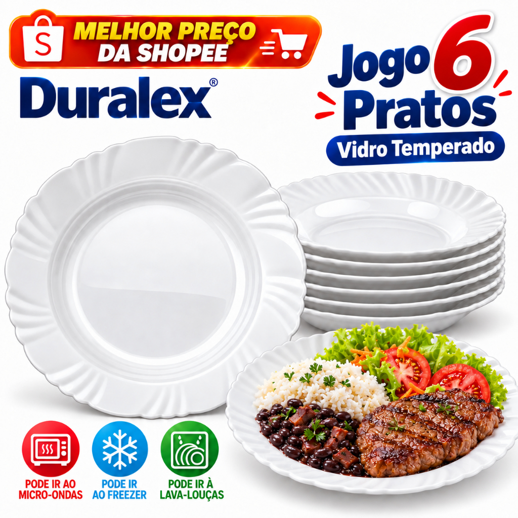Kit Jogo de 6 Prato Fundo Nadir Duralex Vidro Pétala Branco Opaline
