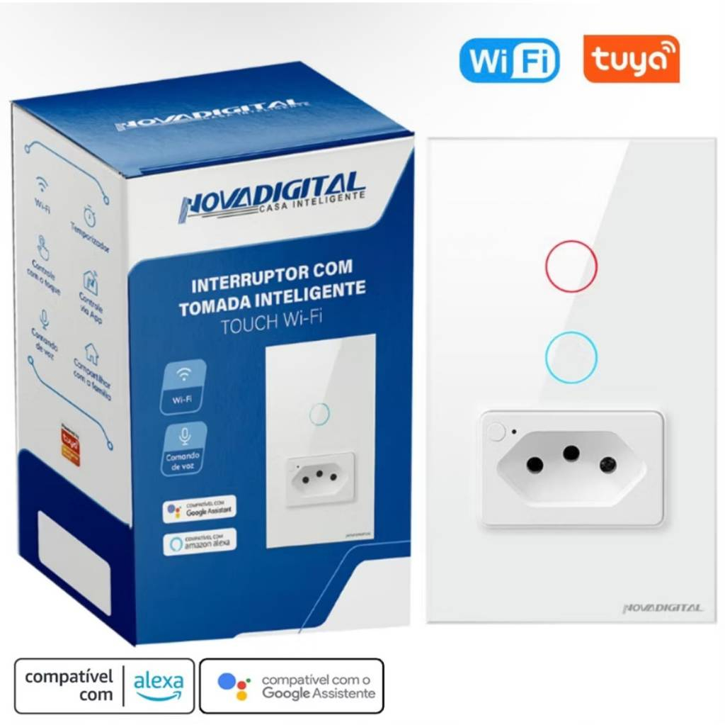 Interruptor Inteligente Com Tomada WiFi Nova digital - 1 botão ou 2 Botões, BRANCO