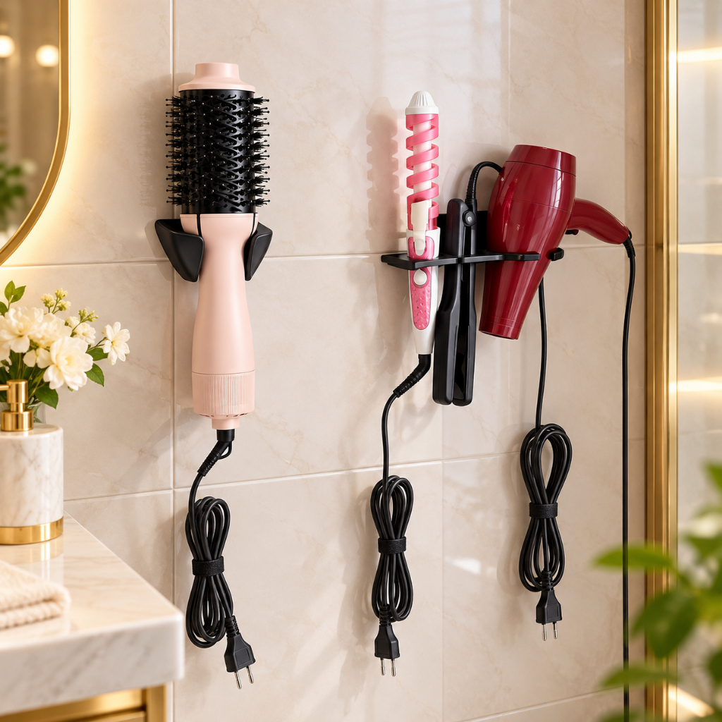 Kit Suporte Parede 3 em 1 Secador Chapinha Babyliss + Suporte Escova Secadora Elétrica Banheiro Universal