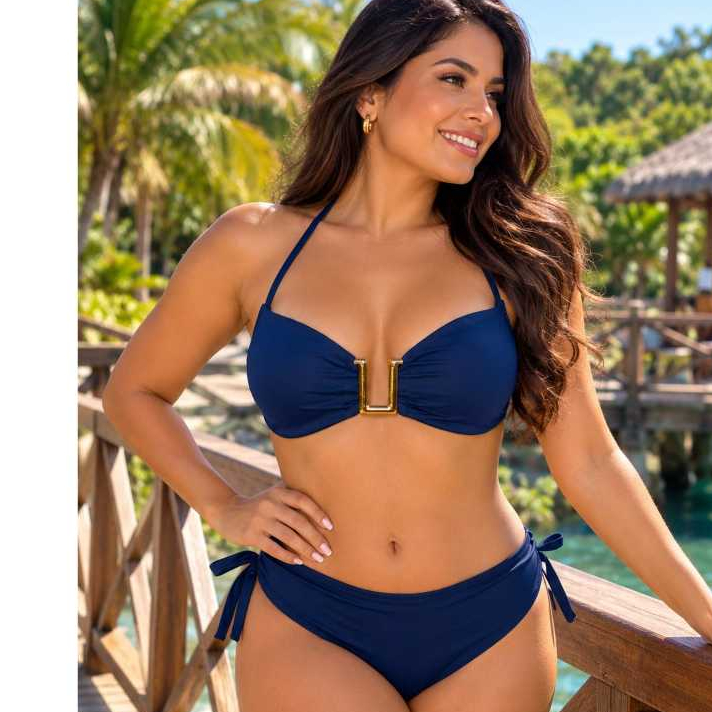 Biquini com Bojo Biquini com Detalhe dourado Moda Praia Biquini Diva Tendência Elegante  Biquini com Amarração Poliéster