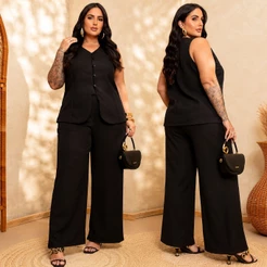 Conjunto Feminino Plus Size Alfaiataria Blusa Colete Calça Cintura Alta com Bolsos Elegante Chique Trabalho