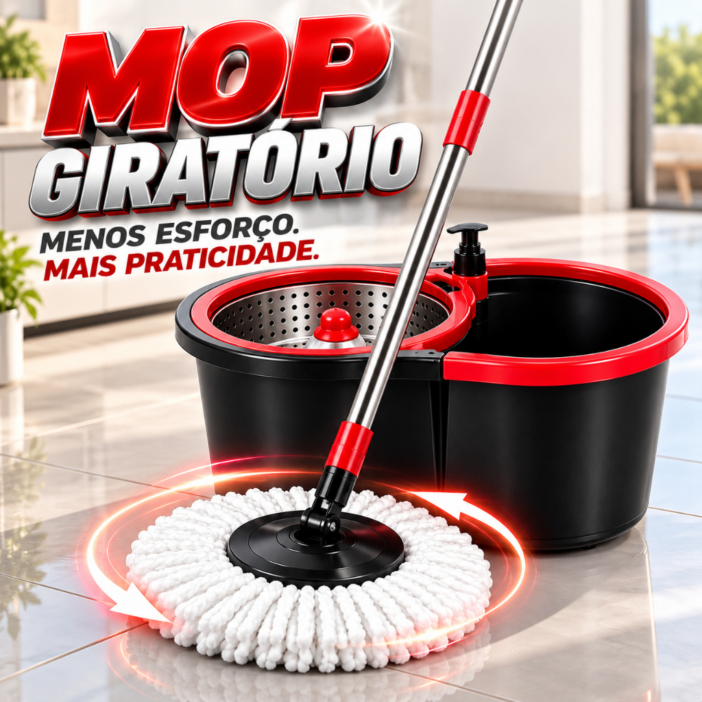 Mop Esfregão Giratório 360° com Balde 13 Litros + Cabo Inox Retrátil Sistema de centrifugação para limpeza fácil