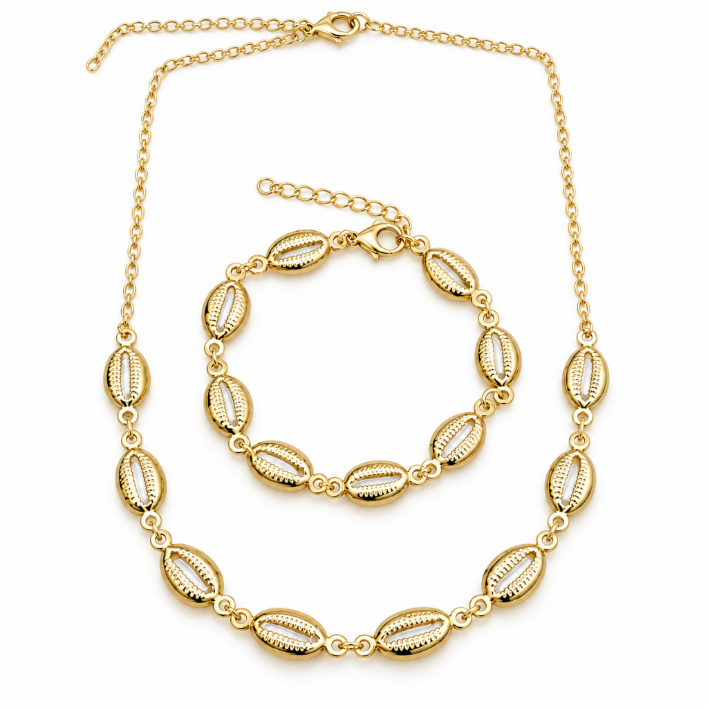 Conjunto Colar + Pulseira Buzios Folheado a Ouro e Prata