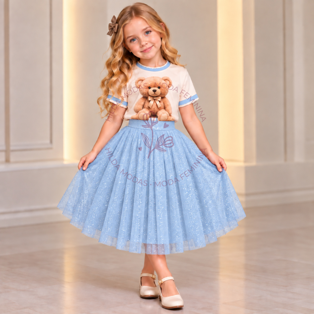 Saia Tule Infantil Cristal de Brilho Glitter forrada Lisa Moda evangélica Fardamento Festividade Congresso — imagem 2 de 2