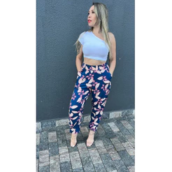 Calça feminina floral em viscose com elastico na cintura e barra