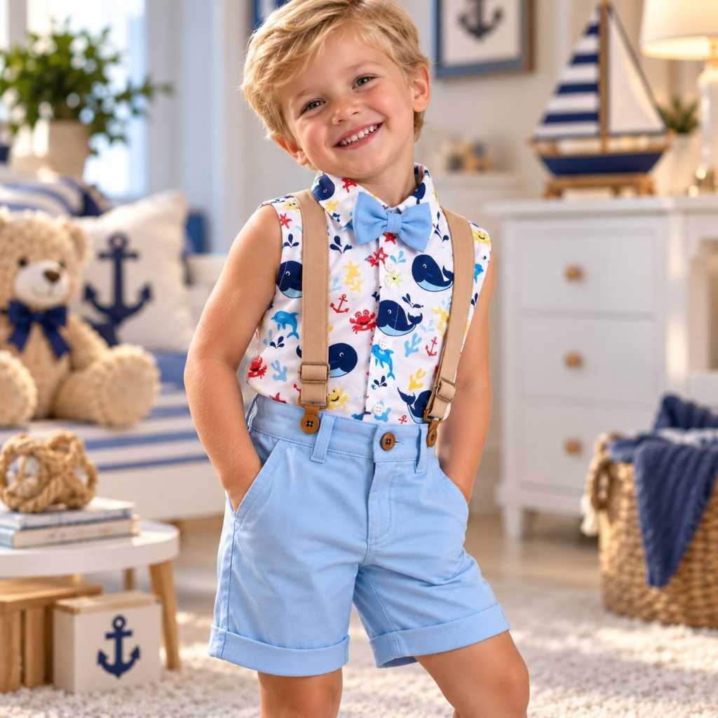 Conjunto Menino Infantil Luxo Temático Fundo do Mar Regata +Bermuda Azul (o)