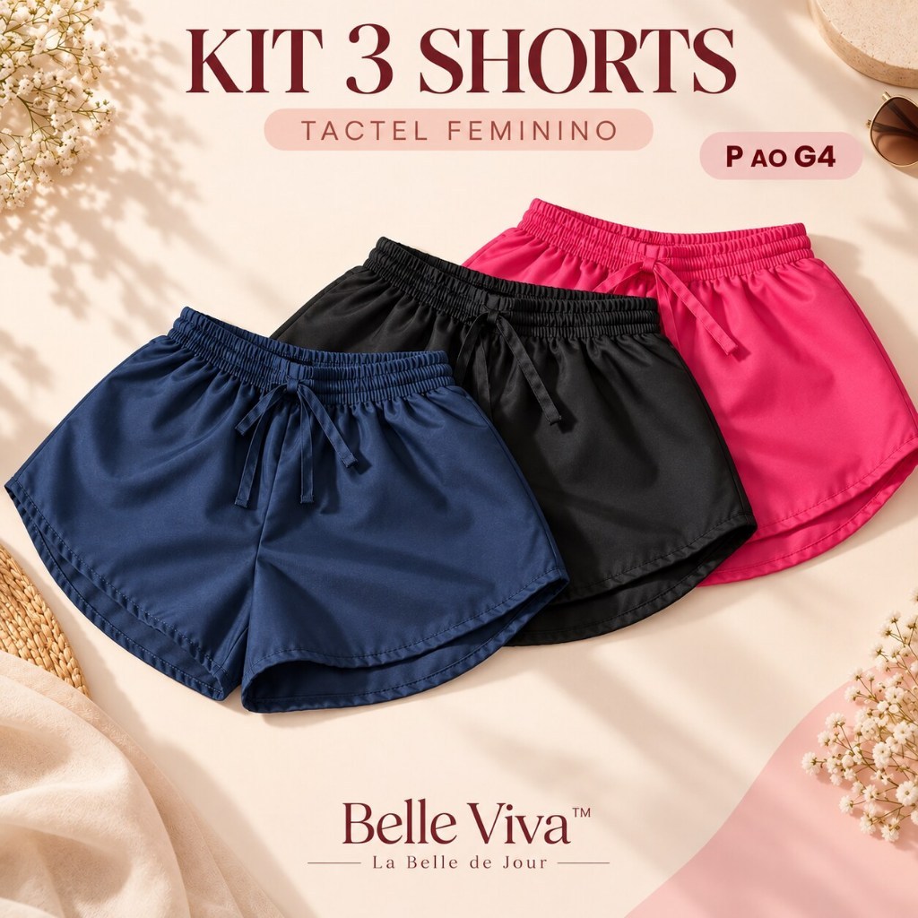 Kit 3 Shorts Tactel Feminino P ao G4 Plus Size Academia Corrida Caminhada Beach Tennis Vôlei Saída de Praia Soltinho
