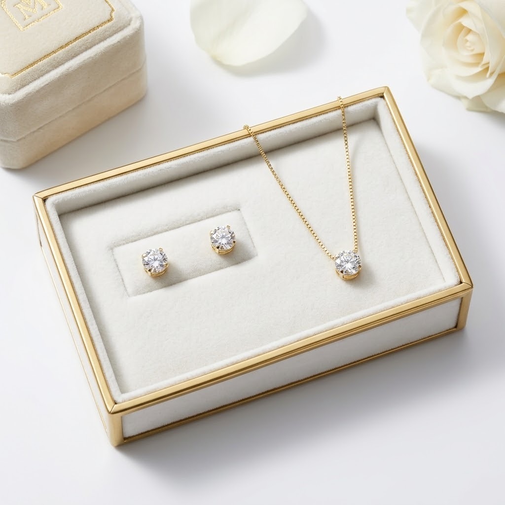 CONJUNTO COLAR E BRINCO PONTO DE LUZ FOLHEADO A OURO 18K PIUKA