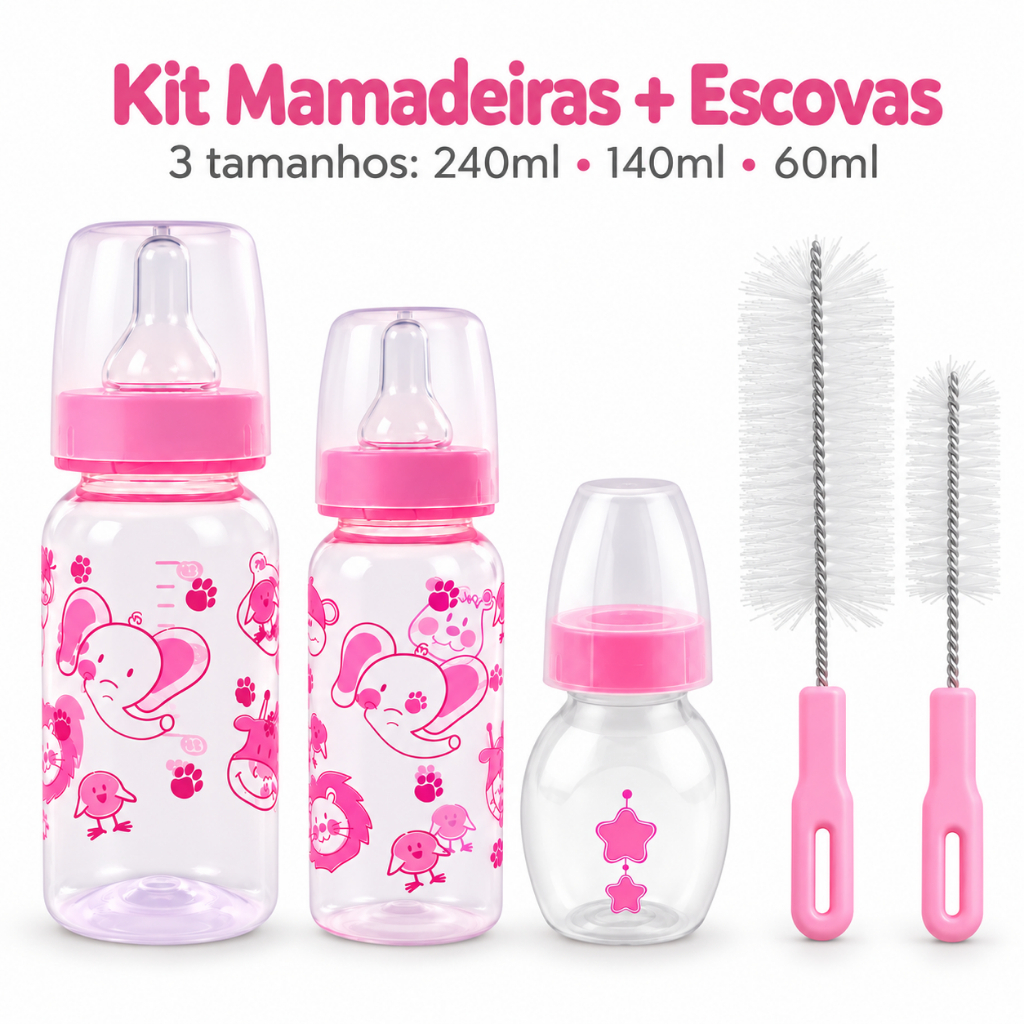 Kit 3 Mamadeiras Para Bebê + 2 Escovas para Lavagem de Mamadeiras
