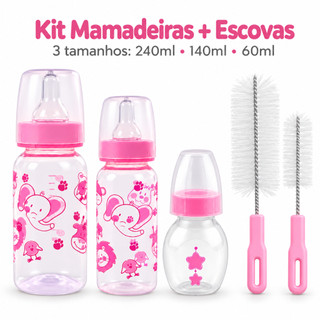 Kit 3 Mamadeiras Para Bebê + 2 Escovas para Lavagem de Mamadeiras