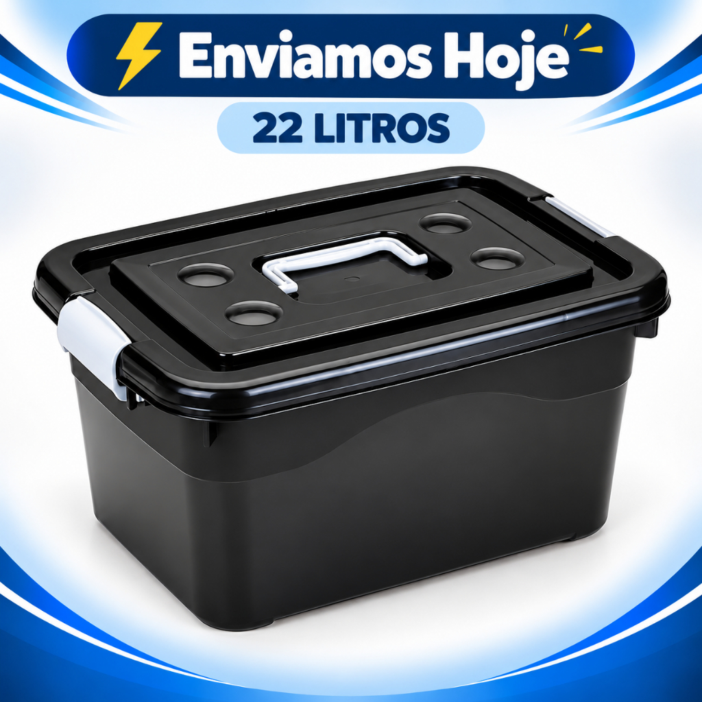 Caixa Organizadora 22L Tampa com Trava Alça Preta Multiuso Plástico Resistente Casa Cozinha Banheiro Escritório