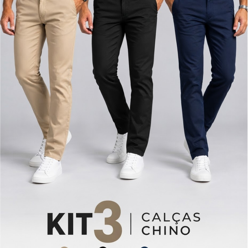 Kit 3 Calças Masculinas Social Slim Sarja com Elastano