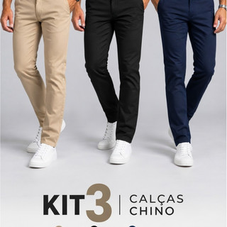 Kit 3 Calças Masculinas Social Slim Sarja com Elastano