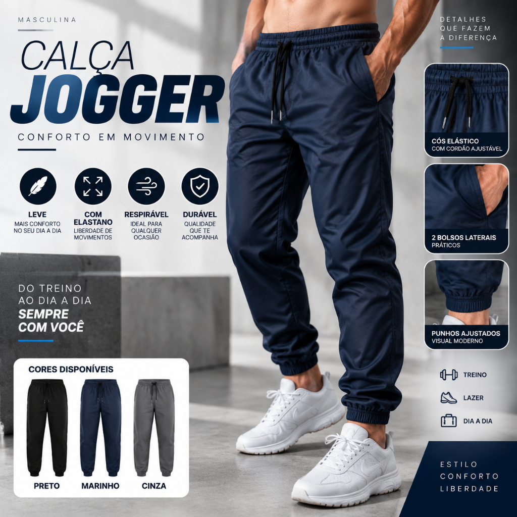 Calça Jogger Esportiva com Elastano Leve – Conforto e Liberdade nos Treinos