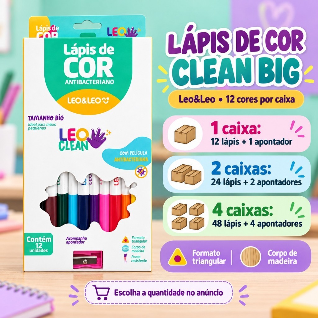 Lápis de Cor Leo&Leo Clean Big Triangular 12 Cores com Apontador Kit 1, 2 ou 4 Caixas