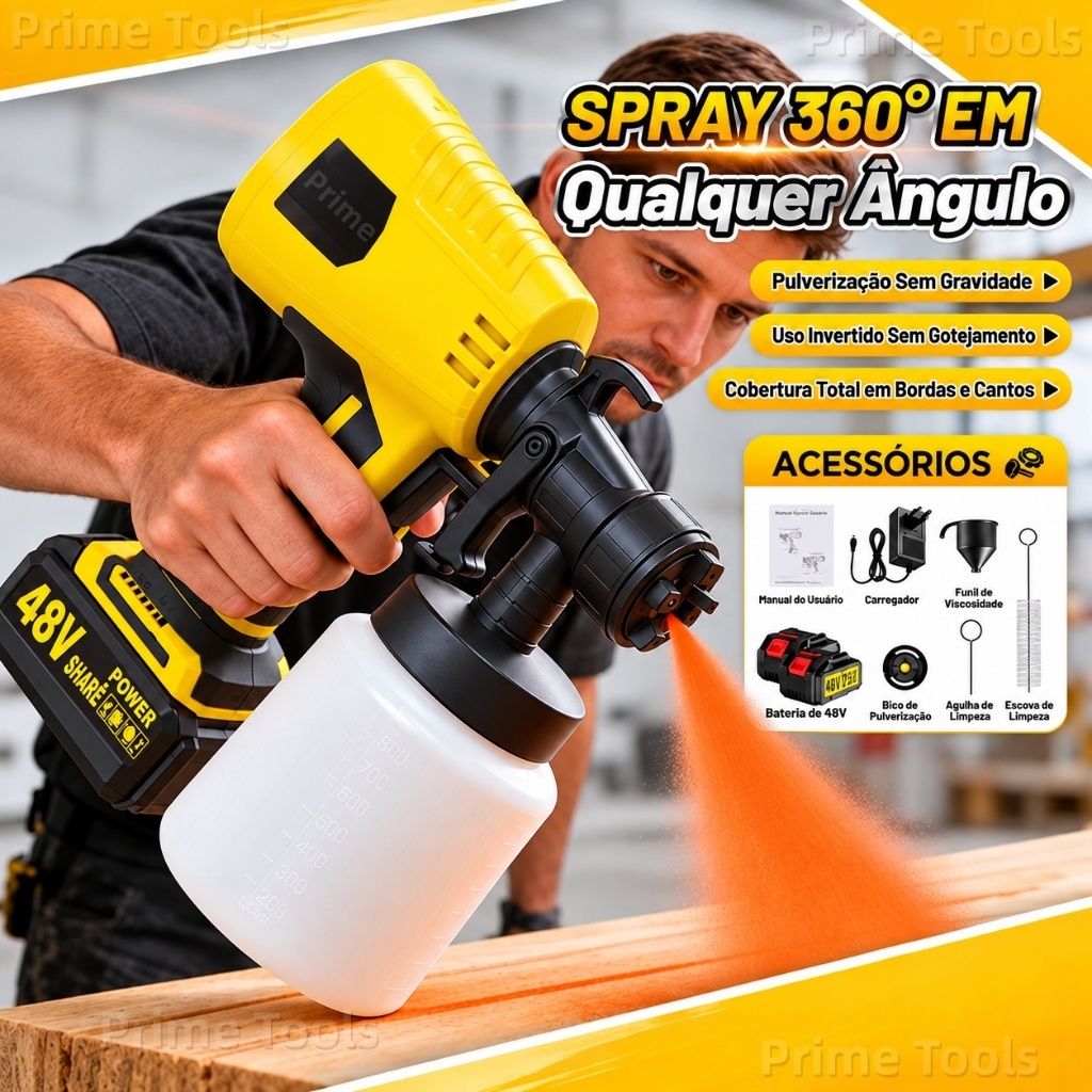 Pulverizador de Tinta 48V  32000RPM Pistola Elétrica para Pintura Sem Fio com 2 Baterias e Bico de Metal